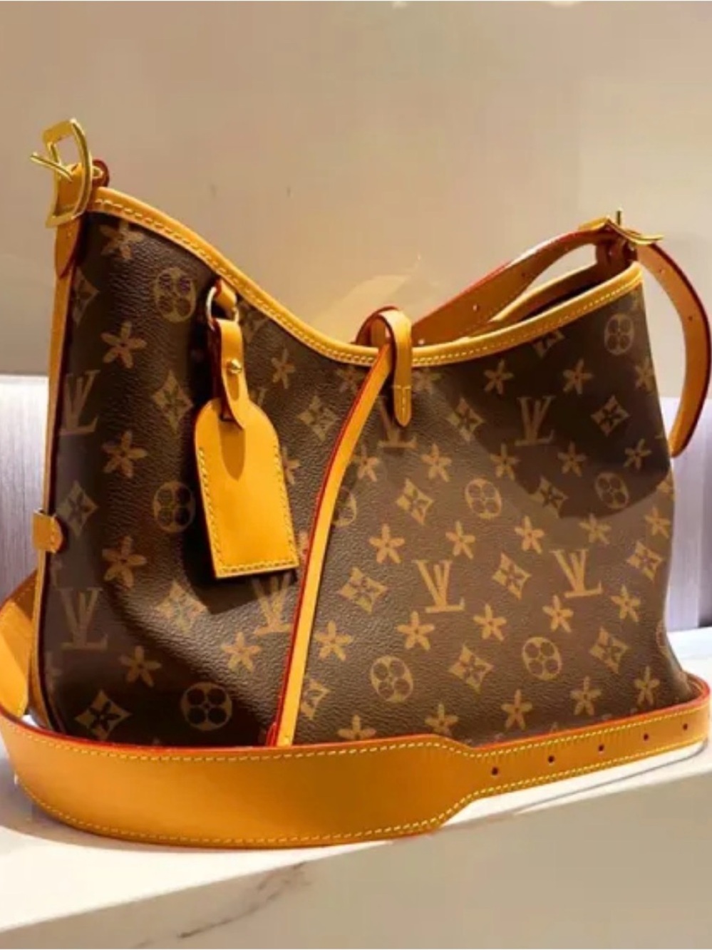 LV lookalike  Monogram Shoulder Bag in Brown & Tan Leather Trim